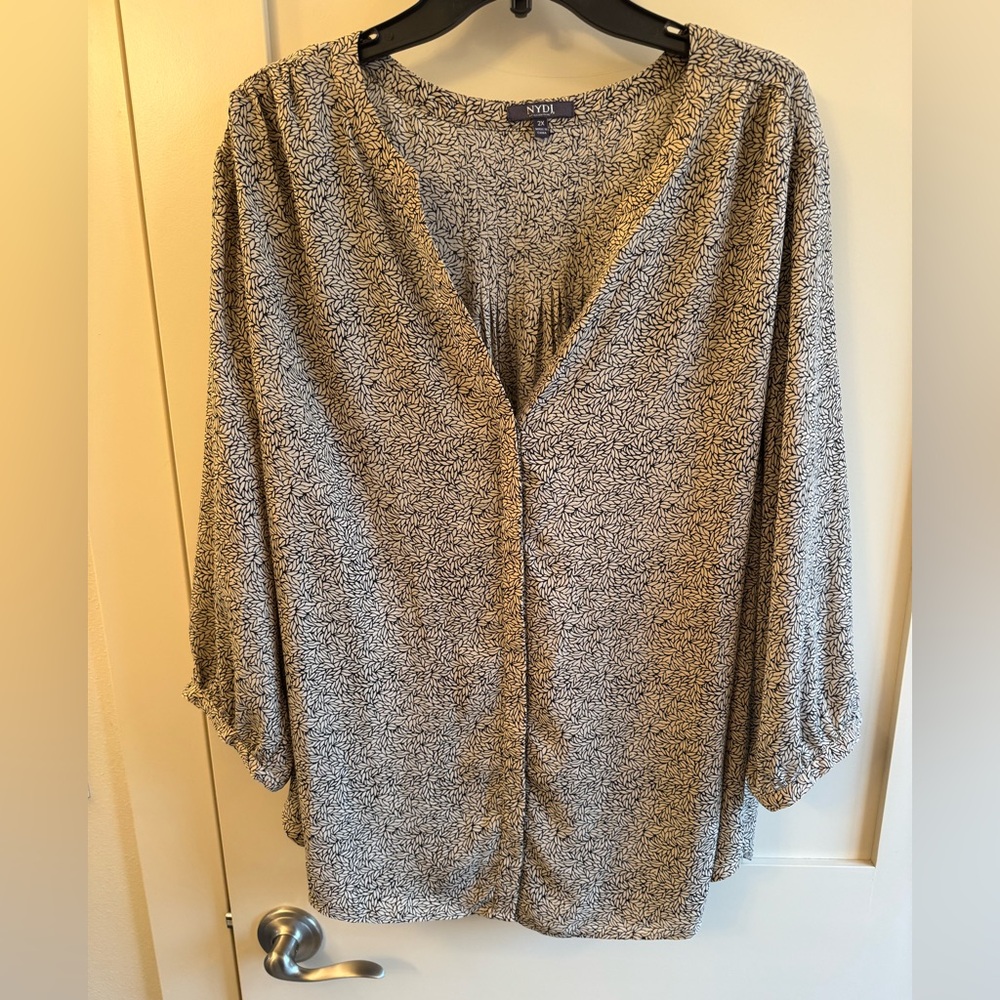 NYDJ Taupe and Black Microprint V-Neck Blouse